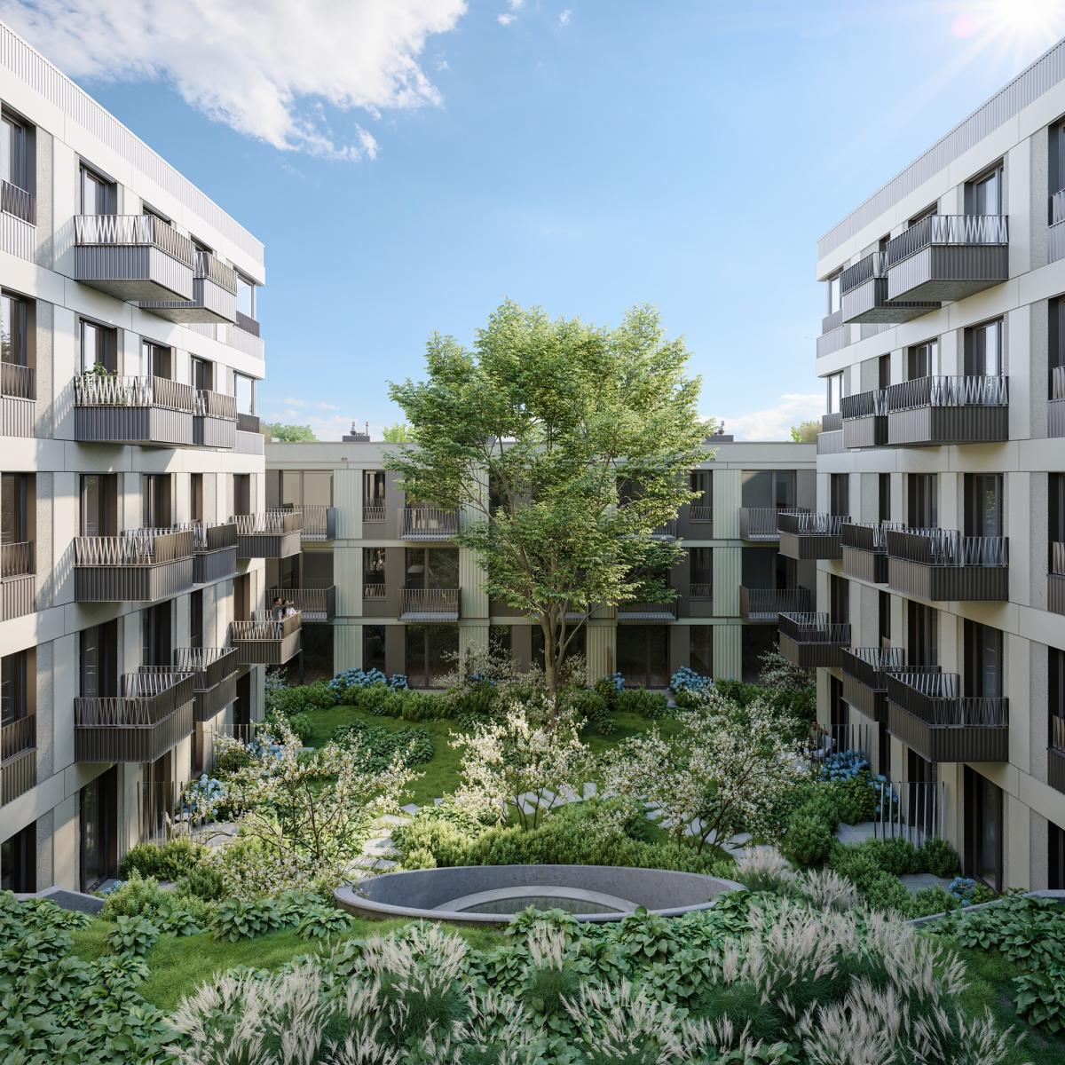 Візуалізація внутрішнього дворика девелоперського проєкту Epika Jeżyce у Познані